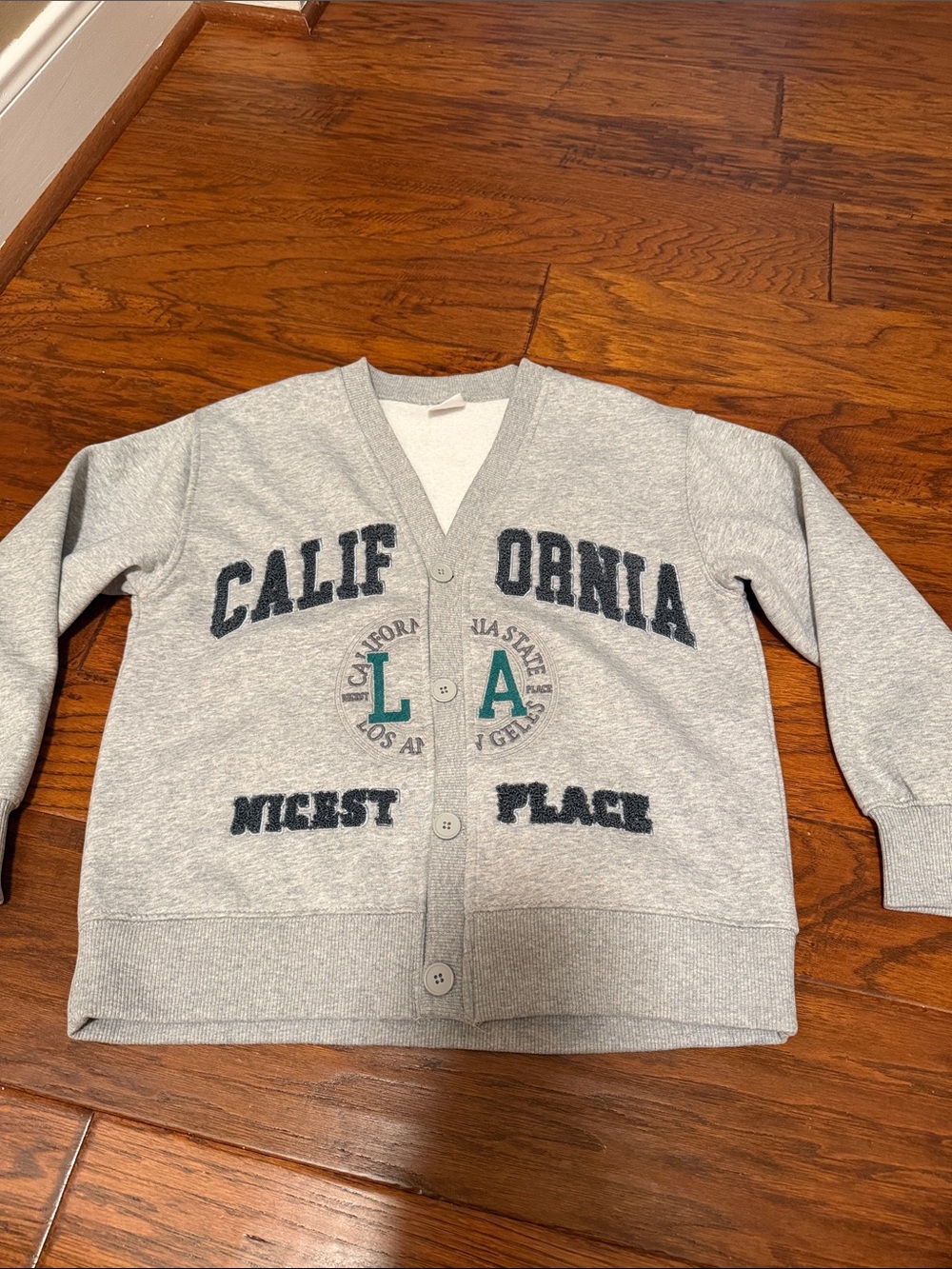 Zara Grey Cardigan with Navy and Teal 'California' Graphic